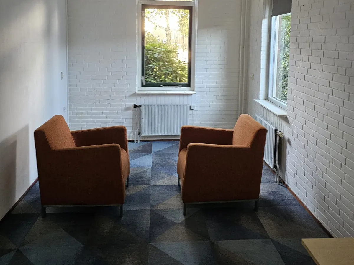 Een rustige kamer met twee oranje fauteuils tegenover elkaar en een raam naar de tuin.
