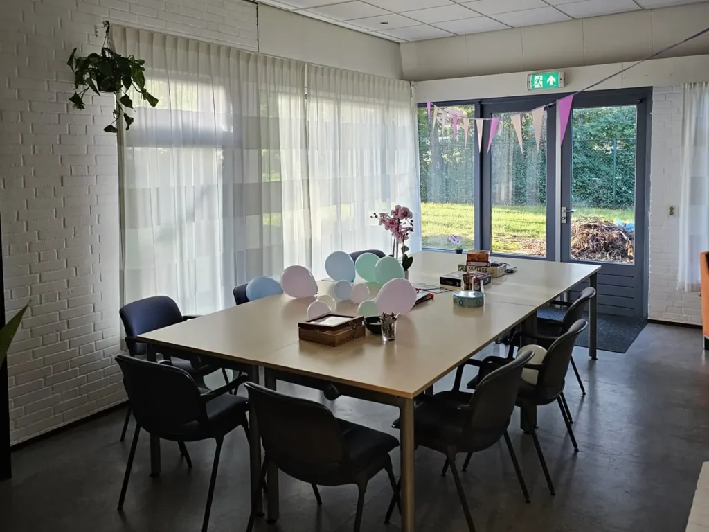 De leefruimte met een lange tafel, ballonnen en slingers, en tuindeuren naar het gras.